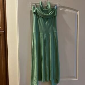 Dress- halter hardtail light green stretchy fabric -midi uneven hem